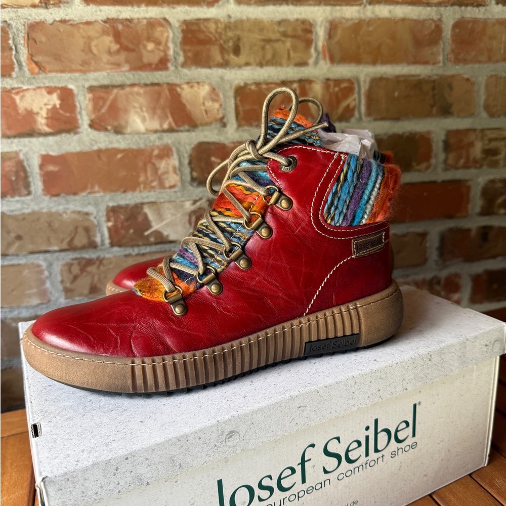 Josef Seibel Red Leather Ankle Boots with Knit Accents
